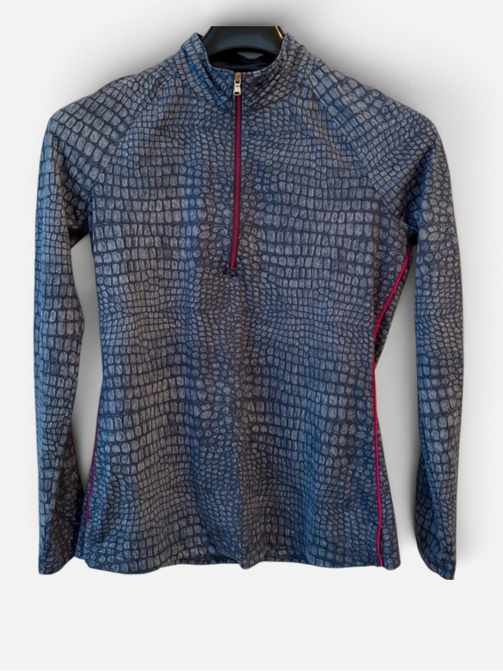 EUC Fairway & Greene quarter-zip pullover, blue crocodile print, pink trim, Sz S